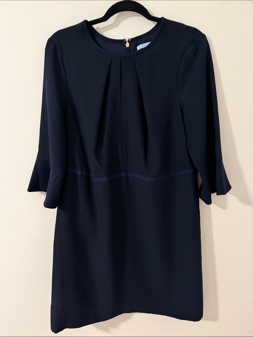 Draper James Navy Pleated Shift Dress with Flared Three-Quarter Sleeves